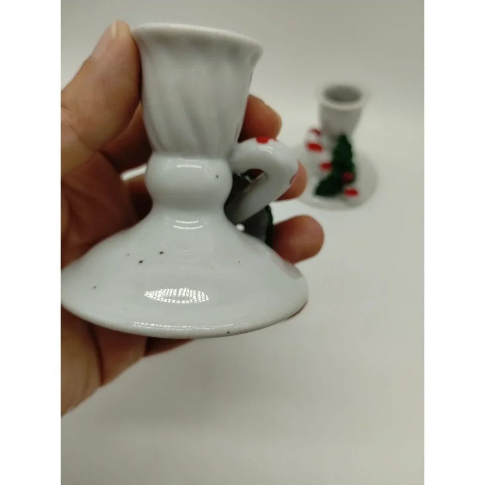 Set Of 2 Christmas Candlesticks Candy Cane Mistletoe White 2.5